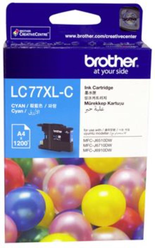Brother LC77XLC Cyan High Yield Ink Cartridge, ideal for vibrant prints, yielding up to 1200 pages, compatible with multiple Brother models.