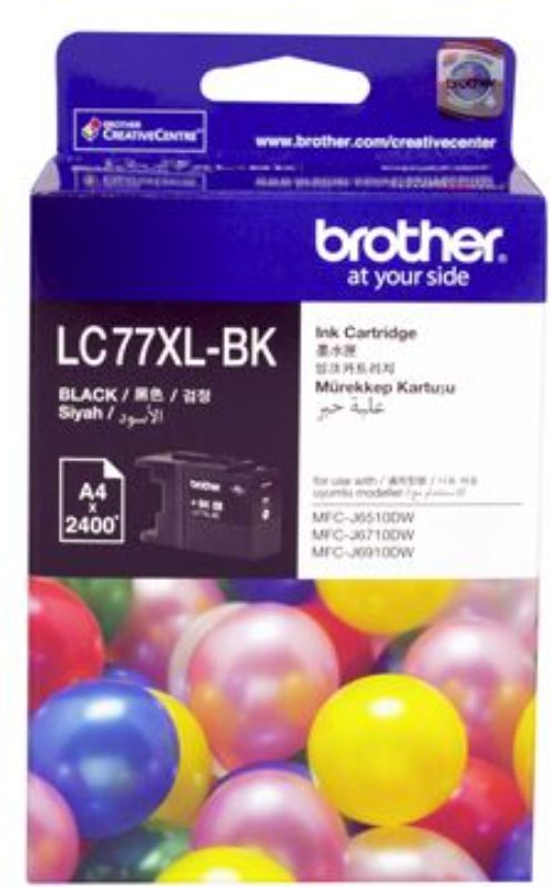 Brother LC77XLBK Black High Yield Ink Cartridge for sharp prints, compatible with select Brother printers, up to 2400 pages.