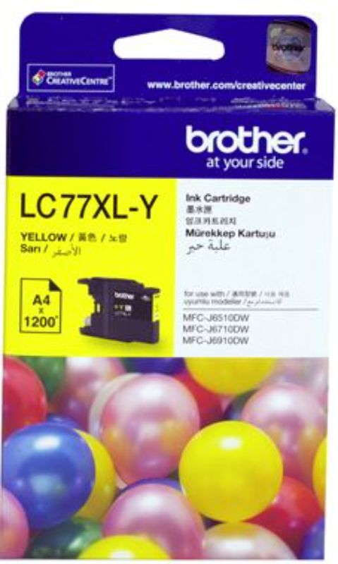 Brother LC77XLY Yellow High Yield Ink Cartridge for vibrant printing, lasting up to 1200 pages with easy installation.
