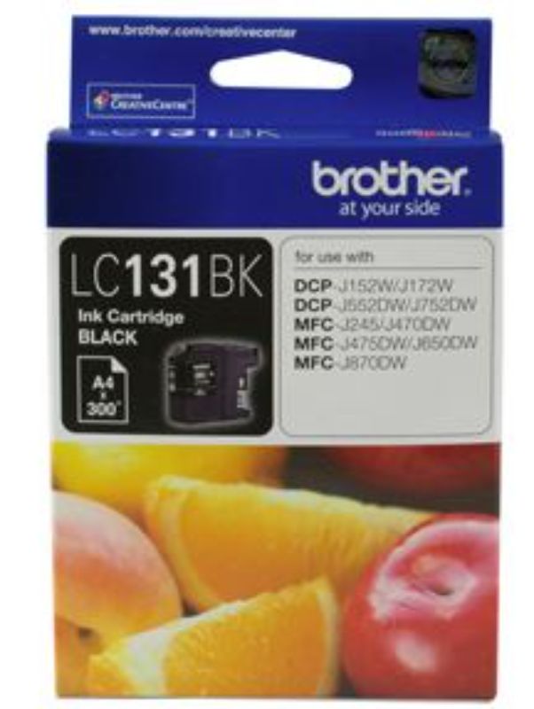Brother LC131BK Black Ink Cartridge for sharp and clear prints, yielding up to 300 pages; compatible with various Brother printers.