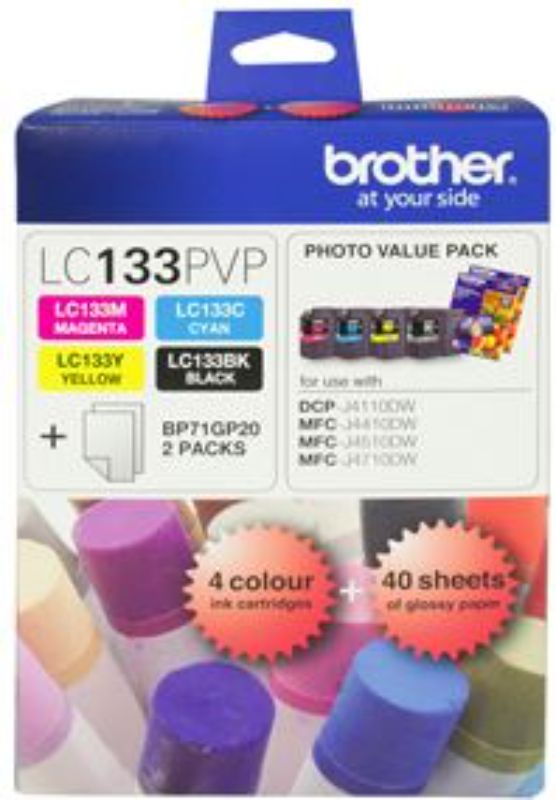 Brother LC133PVP Combo Pack includes original ink cartridges and 40 sheets of 6x4 photo paper for vibrant, professional-quality prints.