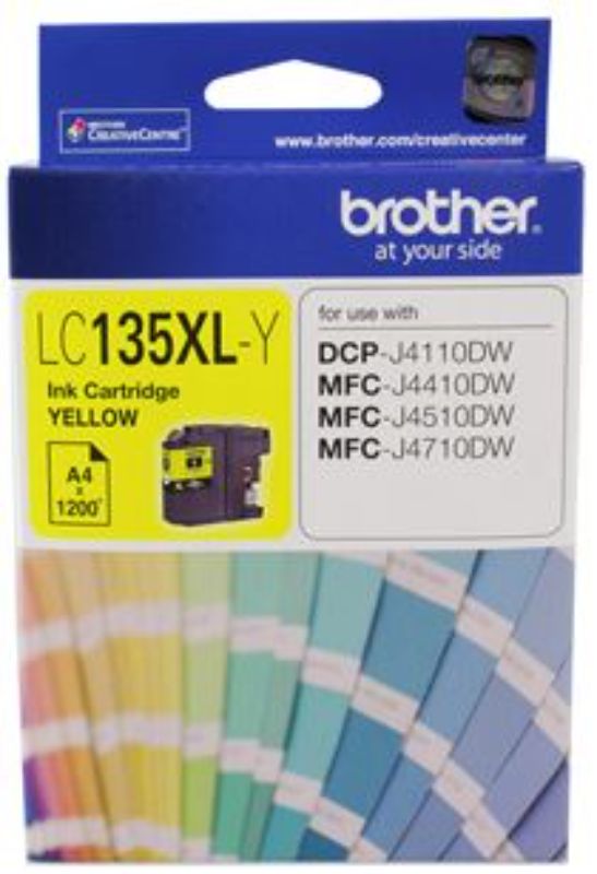 Brother LC135XLY Yellow High Yield Ink Cartridge for vibrant prints, yielding up to 1200 pages, compatible with multiple Brother printers.