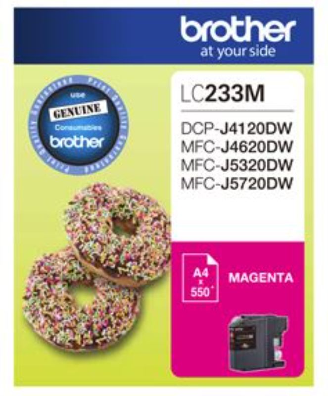 Magenta ink cartridge designed for Brother printers, yields 550 pages with vibrant, true-to-life color prints.
