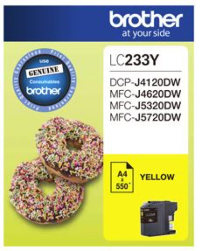 Brother LC233Y Yellow Ink Cartridge for vibrant prints, lasting up to 550 pages, compatible with various Brother printers.