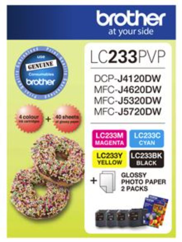 Brother LC233PVP Combo Pack with four ink cartridges and 40 sheets of 6x4 photo paper, ideal for vibrant printing.