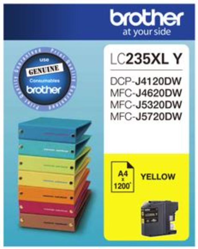 Brother LC235XLY Yellow High Yield Ink Cartridge for vibrant prints, lasting up to 1200 pages, compatible with multiple Brother printers.
