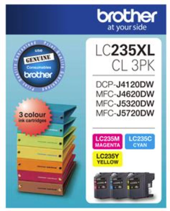 Brother LC235XLCL3PK CMY ink cartridge triple pack for vibrant, high-yield prints up to 2400 pages, compatible with several Brother printers.
