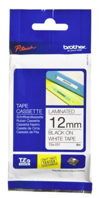 Brother TZe-231 tape featuring black text on white, durable and versatile for indoor/outdoor labeling needs.