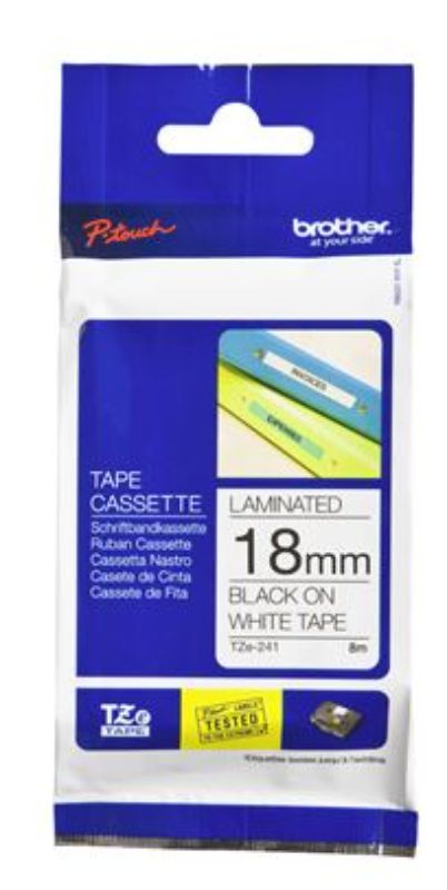 Durable Brother TZe-241 black on white tape, 18mm wide, ideal for labeling in various environments, moisture-resistant.