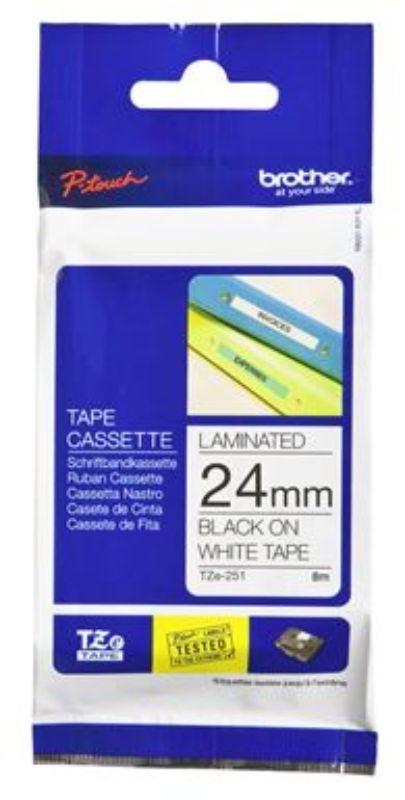 Black on white Brother TZe-251 label tape, 24mm x 8m, durable for indoor/outdoor use, resistant to chemicals and UV light.