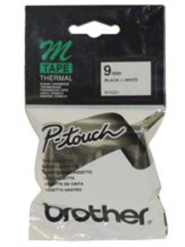 Brother MK-221 label tape, 9mm x 8m, black on white, ideal for clear labeling on flat surfaces in home or office use.