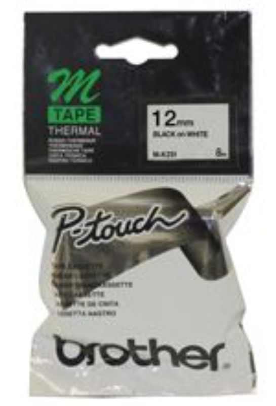 Brother MK-231 12mm x 8m black-on-white label tape, ideal for organizing and labeling on flat, dry surfaces.