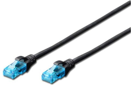 Black 0.5M Digitus UTP CAT5e Patch Lead with RJ45 connectors, designed for reliable networking in home or office environments.