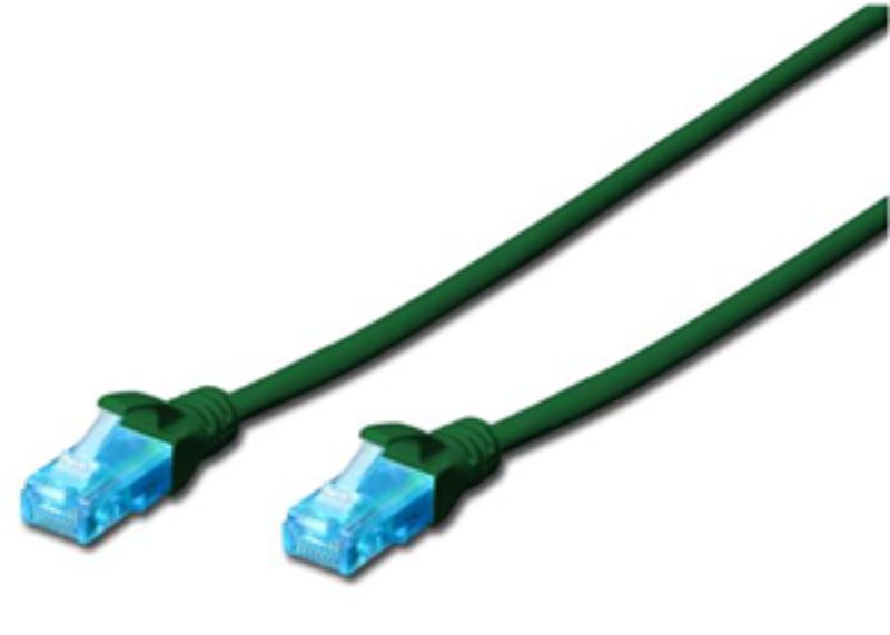 Digitus 1M UTP CAT5e patch lead in green, features 100Mbps speed, durable RJ45 connectors, and reliable networking performance.