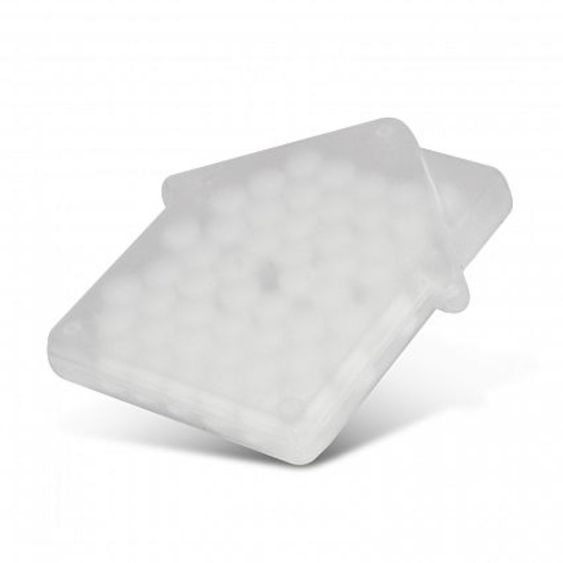 House-shaped frosted clear mint card set of 50 with sugar-free mints, perfect for events and party favors.