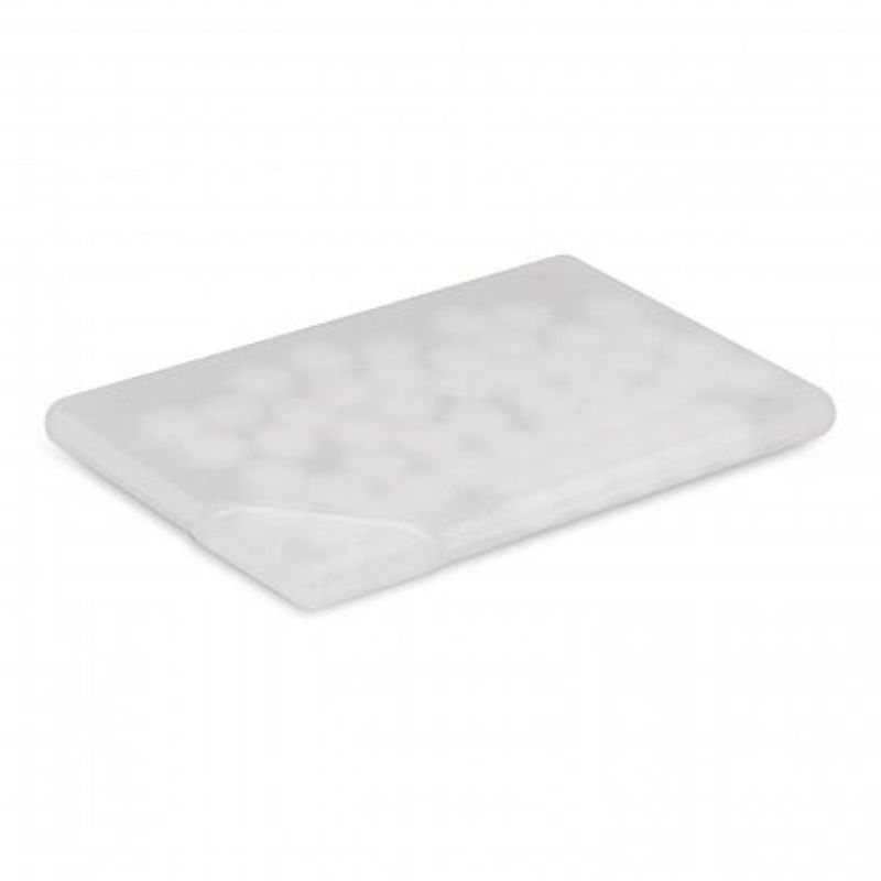 Frosted clear mint card holding 7g of sugar-free mints, designed for convenient breath freshening on the go.