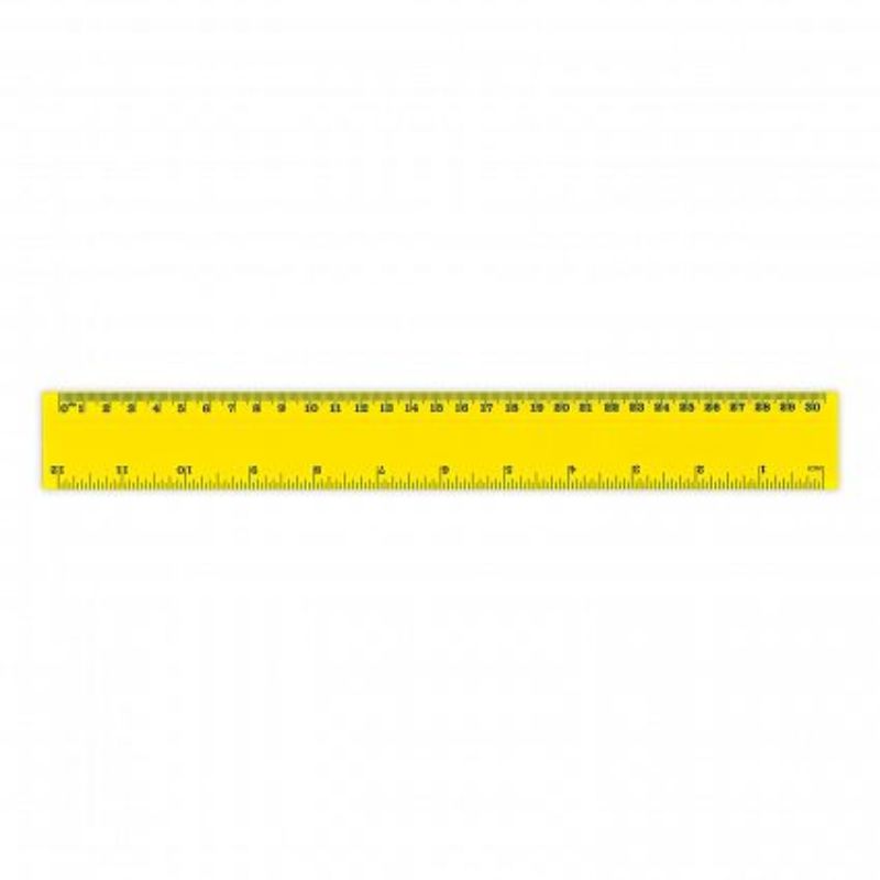Bright yellow plastic flip rulers, 30cm long with both cm and inch markings, perfect for classrooms and offices. Set of 50.
