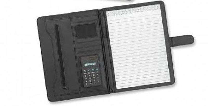 Inverness black portfolio set with calculator, lined pad, pen loop, and business card pockets for professionals.