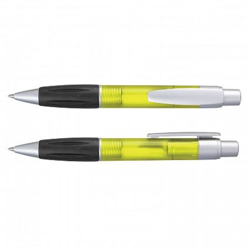 Yellow retractable ball pens with frosted barrels, rubber grips, and blue refills, sold in a set of 100 for bulk use.