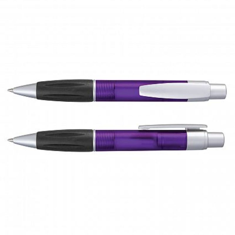 Set of 100 purple Matrix pens with soft grip, frosted barrel, and high-capacity blue ink for smooth writing.