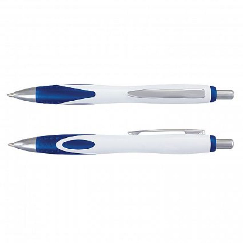 Set of 100 retractable Neo Pens in white and dark blue, featuring a frosted grip and smooth German ink for quality writing.
