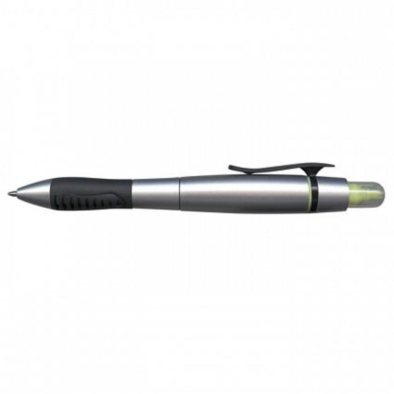 Duo Pen with Highlighter in silver and yellow, featuring twist-action, soft grip, and refillable blue ink, set of 50.