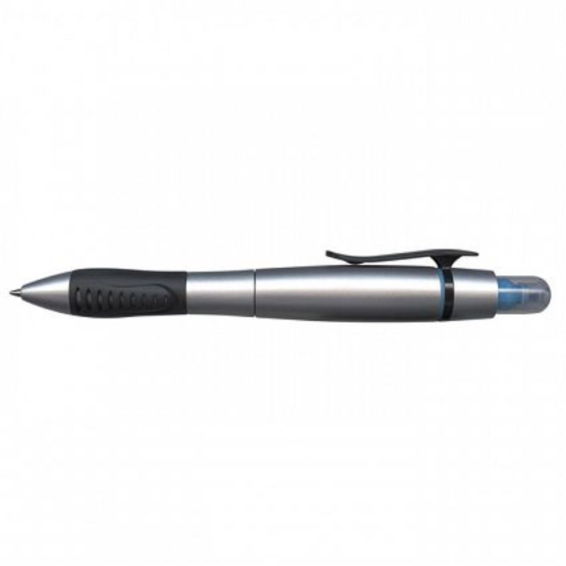 Duo pen and highlighter set in silver/blue, featuring twist action, soft grip, and smooth German ink, ideal for writing and highlighting.