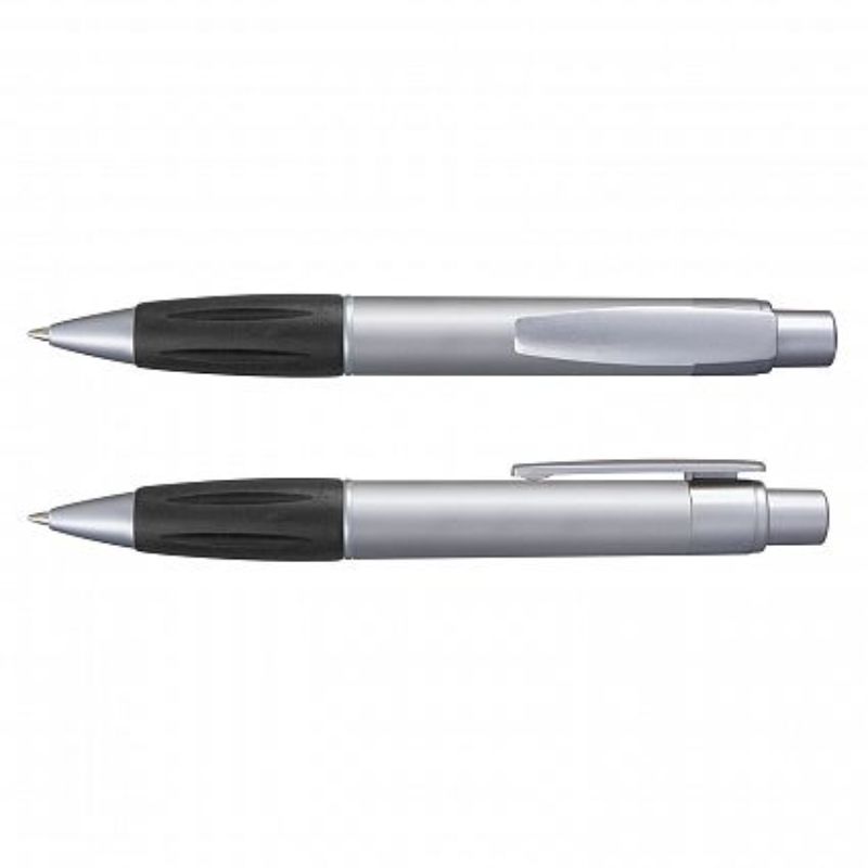 Set of 100 sleek silver retractable pens with a soft grip and high-quality blue ink for smooth writing.