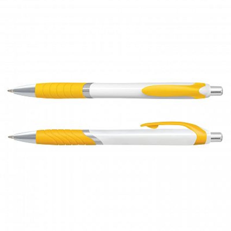Set of 100 vibrant yellow Jet Pens with soft-touch grip, retractable design, and smooth black ink for comfortable writing.
