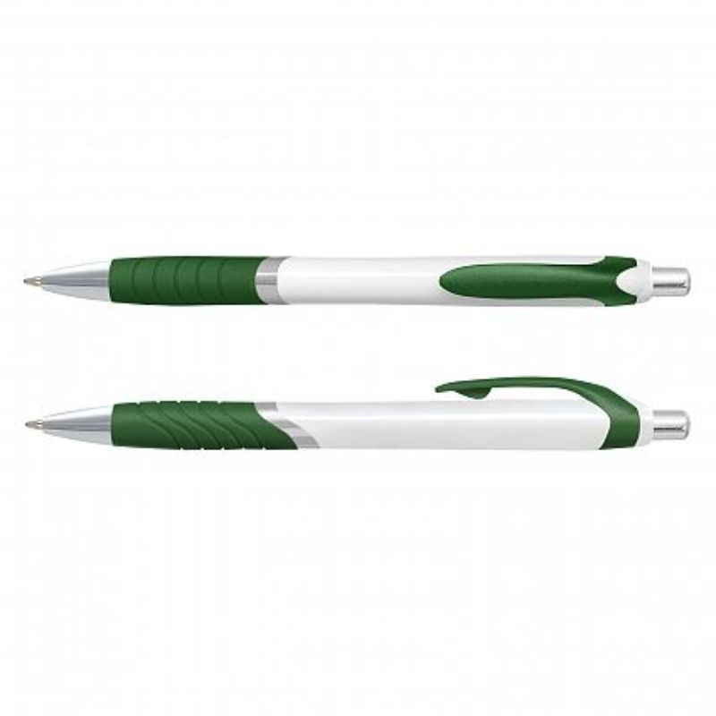 Set of 100 dark green retractable ballpoint pens with soft-touch grip, chrome trim, and high-quality ink for smooth writing.