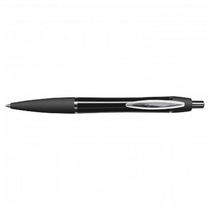 Set of 30 sleek black Rio Pens with retractable aluminum barrels and soft-touch grips for comfortable writing.