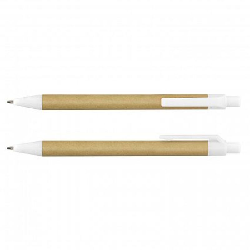 Eco-friendly retractable ball pens with recycled cardboard barrels, blue ink refills, and smooth writing performance. Set of 100.