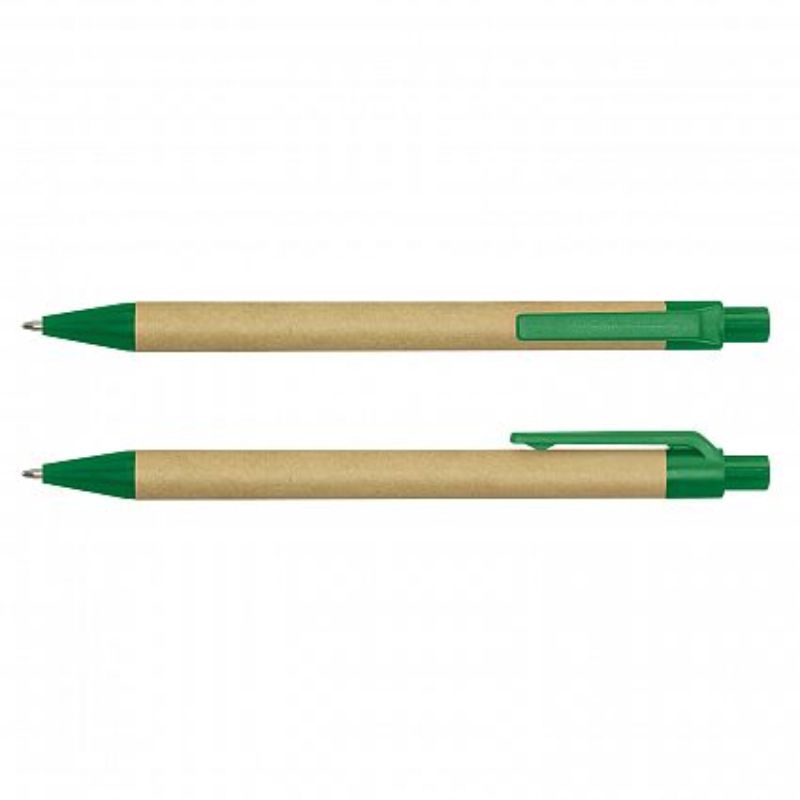 Eco-friendly retractable pens with recycled cardboard barrels, blue ink refills, and sleek natural/green design, set of 100.