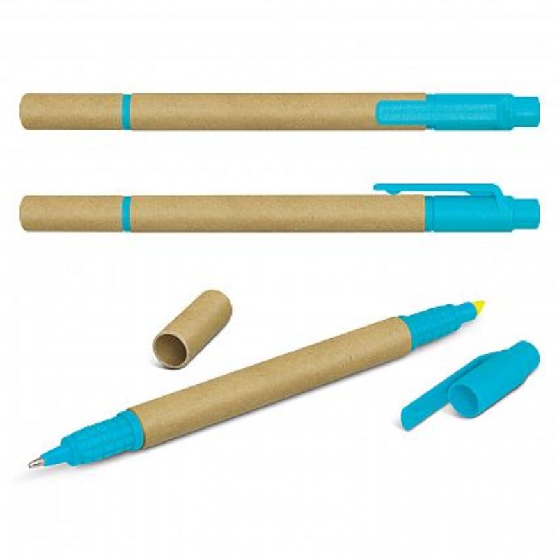 Eco-friendly light blue highlighters with recycled cardboard barrels, featuring smooth-writing German ink and 100 units per set.