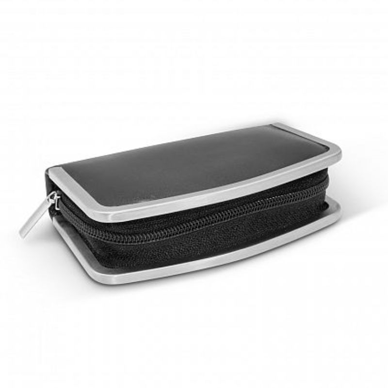 Luxurious black manicure set of 12, featuring essential nail care tools in a stylish zippered case with matte chrome trim.