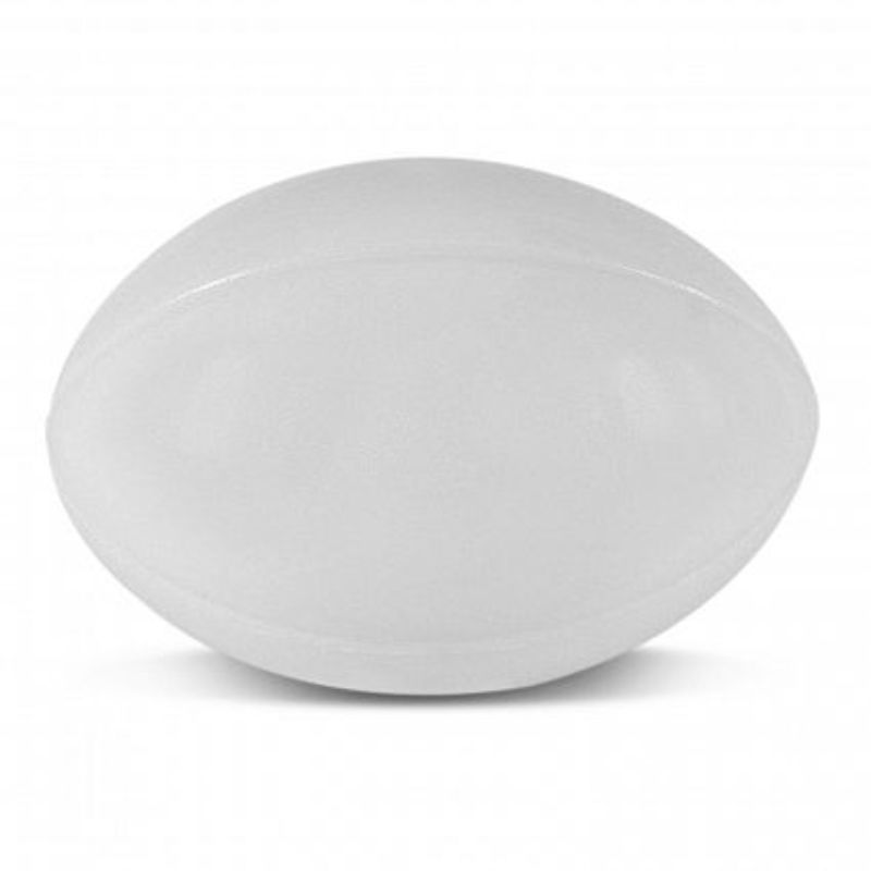 Set of 30 white rugby-shaped stress balls, soft polyurethane, ideal for stress relief and team events.