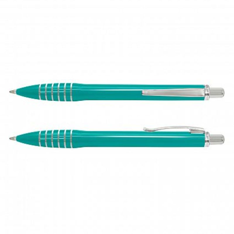 Set of 100 Teal Vulcan pens with chrome trim, retractable design, and 1800m ink capacity for smooth writing.