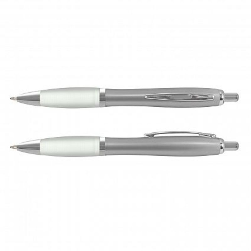Vistro Pen set of 100 with sleek silver barrels, translucent grips, and smooth-flowing Dokumental ink for quality writing.