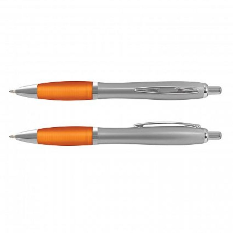 Set of 100 Vistro Pens featuring a sleek silver barrel, soft-touch grip, and high-capacity black ink for smooth writing.