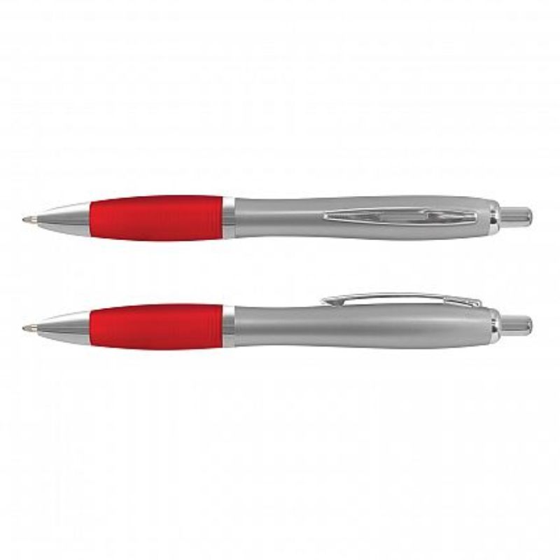 Vistro Pen set of 100 with silver barrel, red accents, smooth ink, frosted grip, and chrome trim for professional use.