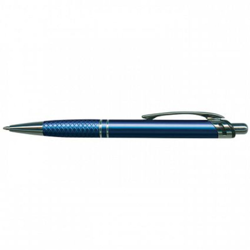 Dark blue retractable aluminium ball pens with chrome accents, 800m black ink refill, set of 50 for elegant writing.