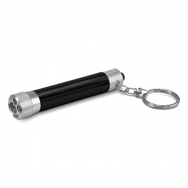 Sleek black mini torch key ring set of 30 with three bright LEDs, compact design, and convenient key ring attachment.