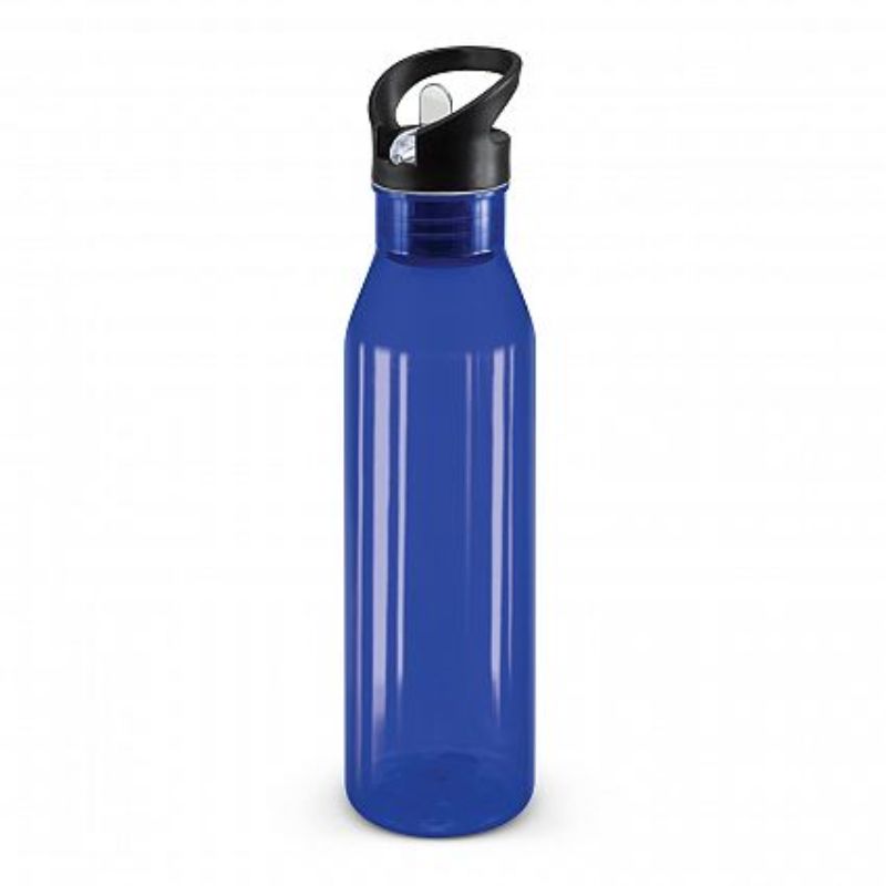 Twelve translucent dark blue Nomad Bottles, 750ml, BPA-free with flip valve lid and straw for convenient hydration.