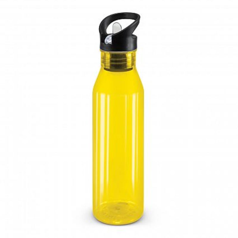 Set of 12 translucent yellow 750ml bottles made from BPA-free Tritan with flip valve lids and straws, ideal for hydration.