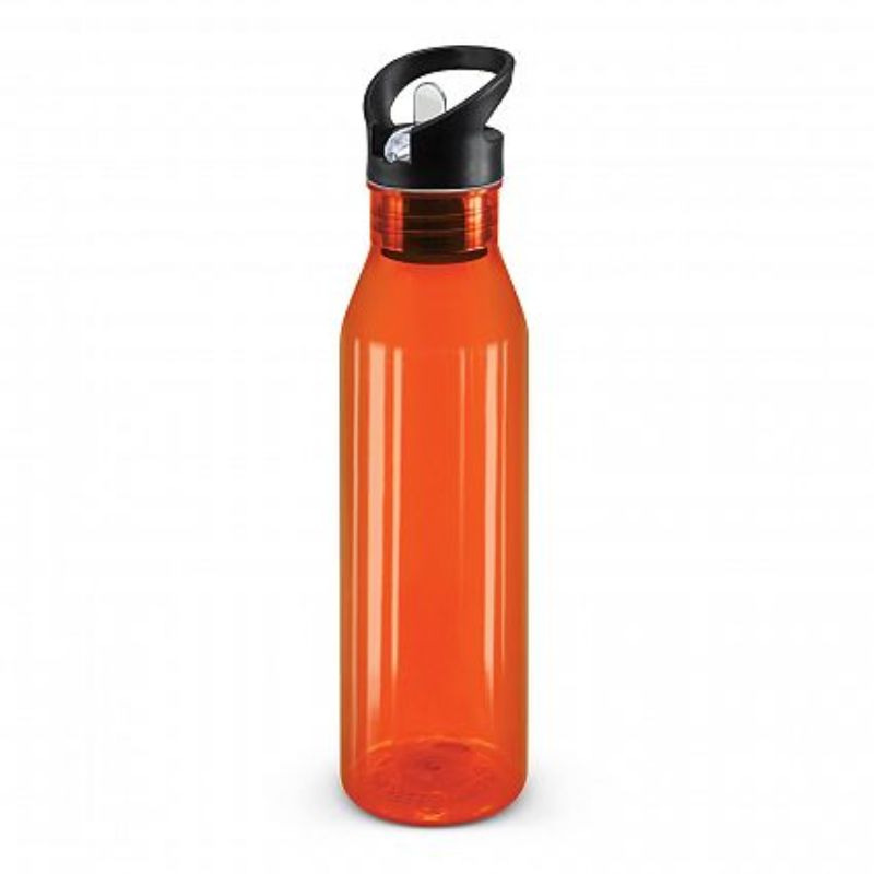 Set of 12 translucent orange Nomad Bottles with 750ml capacity, featuring a flip valve lid and straw, made from BPA-free Tritan.