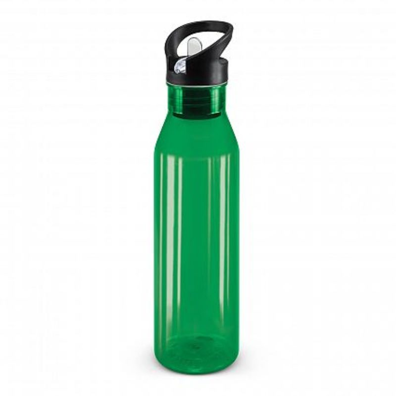 Set of 12 dark green translucent 750ml Tritan bottles with flip valve lids and straws, perfect for active hydration.