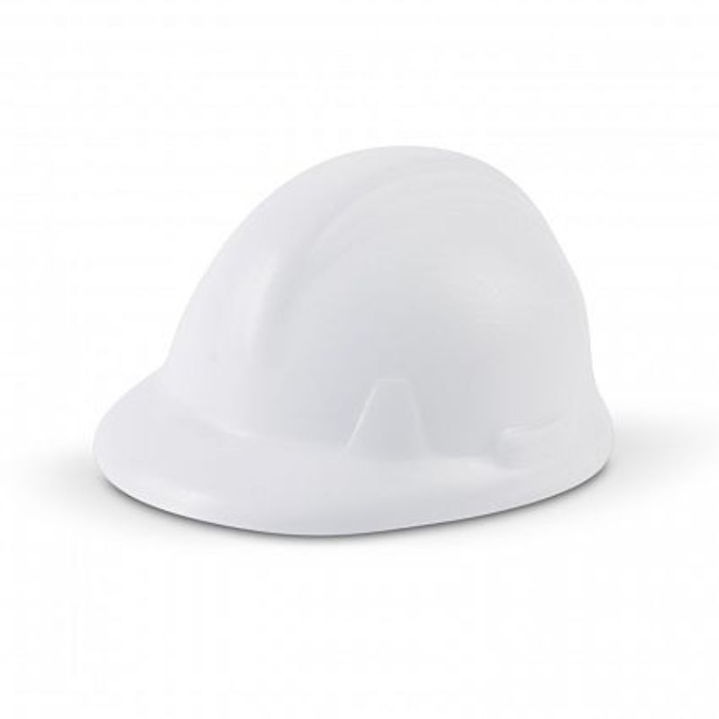 White hard hat-shaped stress balls (set of 30) made from soft polyurethane for stress relief and workplace fun.