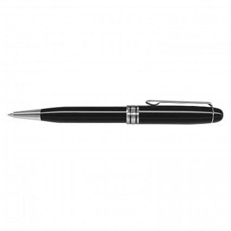 Set of 12 elegant satin black twist-action pens with chrome accents, featuring smooth German ink for quality writing.