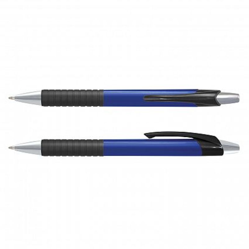 Set of 100 dark blue Cleo pens with retractable design, soft-touch grip, and chrome trim for comfortable, stylish writing.