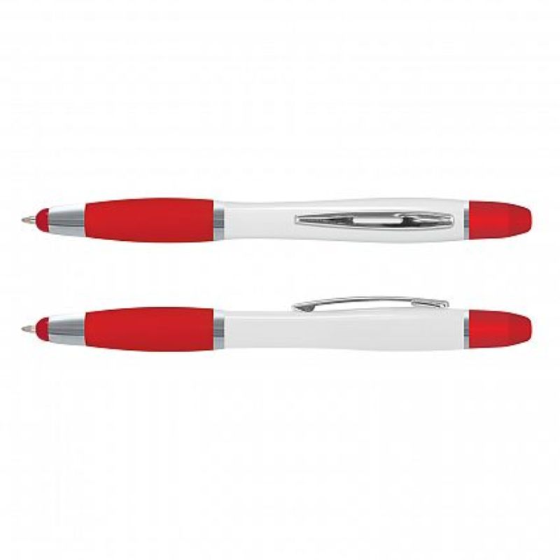 Vistro Multi Function Pen set of 50 in white/red, featuring a stylus, highlighter, and smooth twist action for versatile writing.